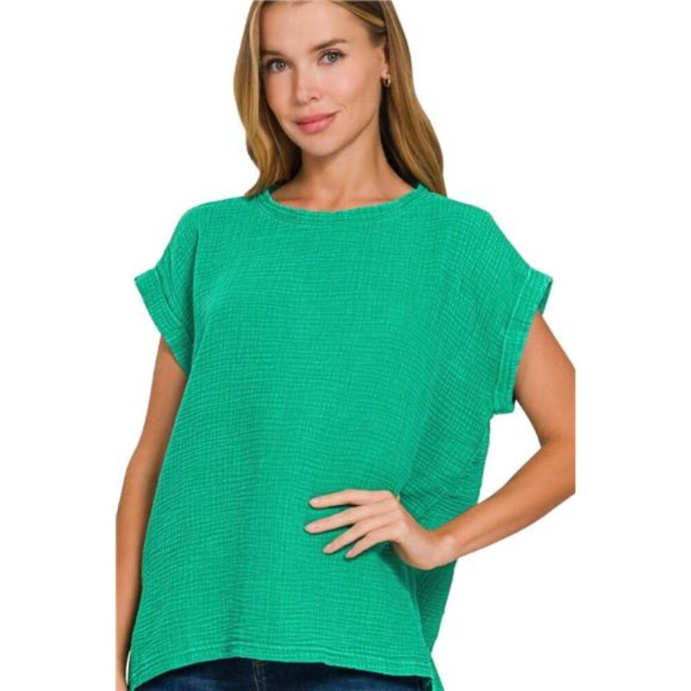 NWT Zenana Woven Double Gauze Acid Washed Short Sleeve Top